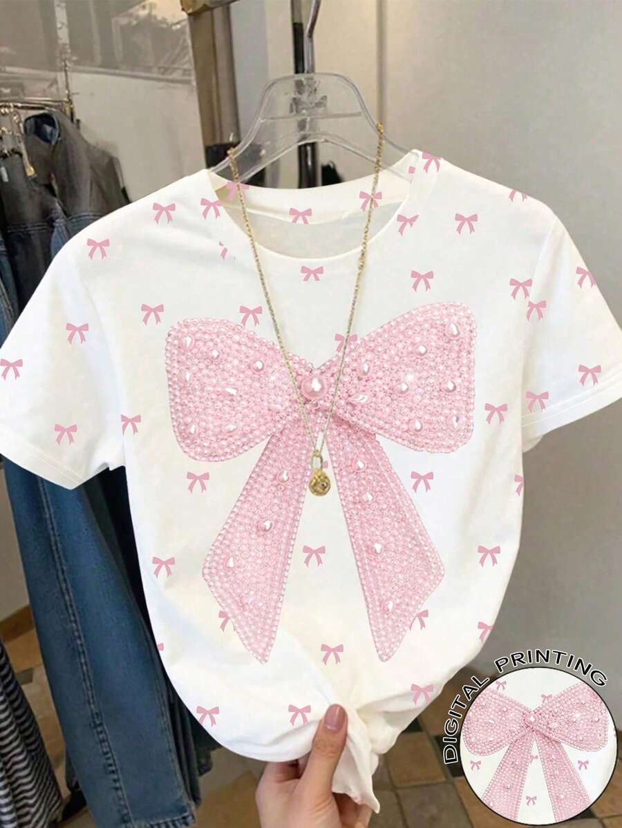 女嬰圓領短袖上衣,休閒可愛蝴蝶結圖案印花T恤,經典簡約風,時尚百搭,適合夏季外出、度假與日常穿著 - 彩色 - 查看 1