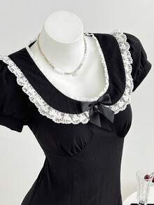 Elamini Minimalist Lace Cute Sexy Sweet Peter Pan Collar Lace Trim Patchwork Bow Short Sleeve A-Line Mini Dress Date Party Black And White Summer - Black - View 5