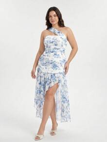 SHEIN MOD Plus Size Elegant Blue & White Floral Print High Slit Dress - Blue and White - View 9