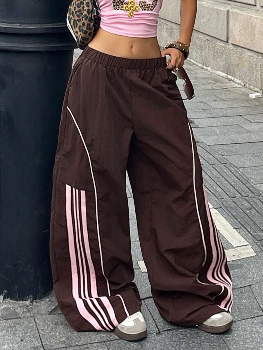 Coolane 女款秋冬街頭風復古節慶外穿返校基本日常穿搭必備黑色寬腿褲 - 棕色 - 查看 1