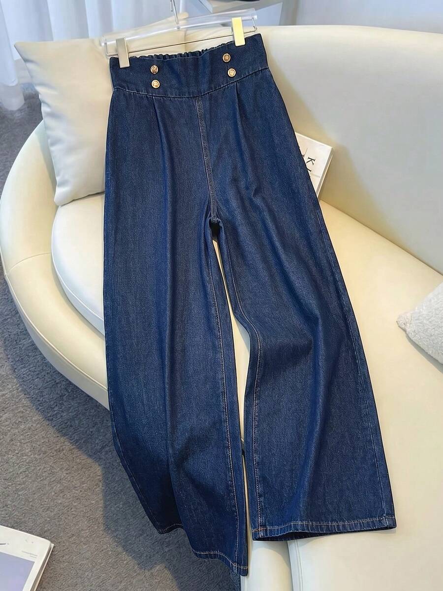 GlowEve Casual Light Blue Button Wide Leg Loose Fit High Waist Cuffed Hem Daily Wear Jeans For Women - Blue - View 1