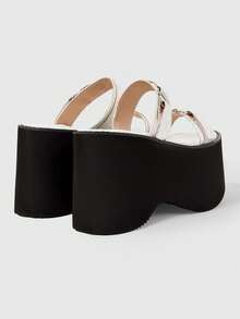 ROMWE Grunge Punk Women's Fashionable High-Heeled Platform Sandals With Heart-Shaped Decorative Buckle And Open Back. - White - View 3