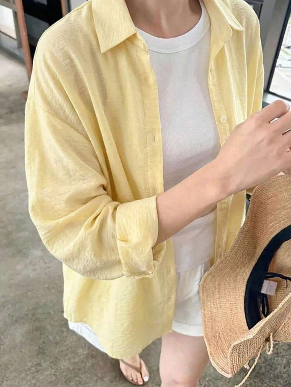 Women's Loose Fit Lapel Long Sleeve Vacation Style Yellow Shirt Cute Tops