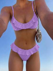 Swim Mod 女款夏季海灘度假波點碎花印花荷葉邊比基尼套裝 - 淡紫色 - 查看 1