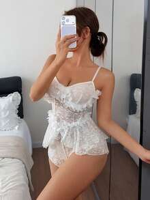 Dream Adore Sheer Lace 3D Floral Decor Camisole Romper - White - View 5