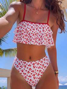 Swim Mod Set Baju Renang Tankini Wanita Motif Bunga dengan Hiasan Ruffle di Bagian Bawah - Red and White - View 1