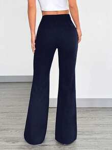 SHEIN EZwear Women's Navy Blue Fitted Flare Leg Knit Pants With Pockets - Navy Blue - View 2
