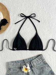 Elavelle Solid Color Halter Twist Back Bikini Top - Black - View 3