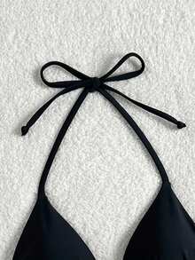 Elavelle Solid Color Halter Twist Back Bikini Top - Black - View 7