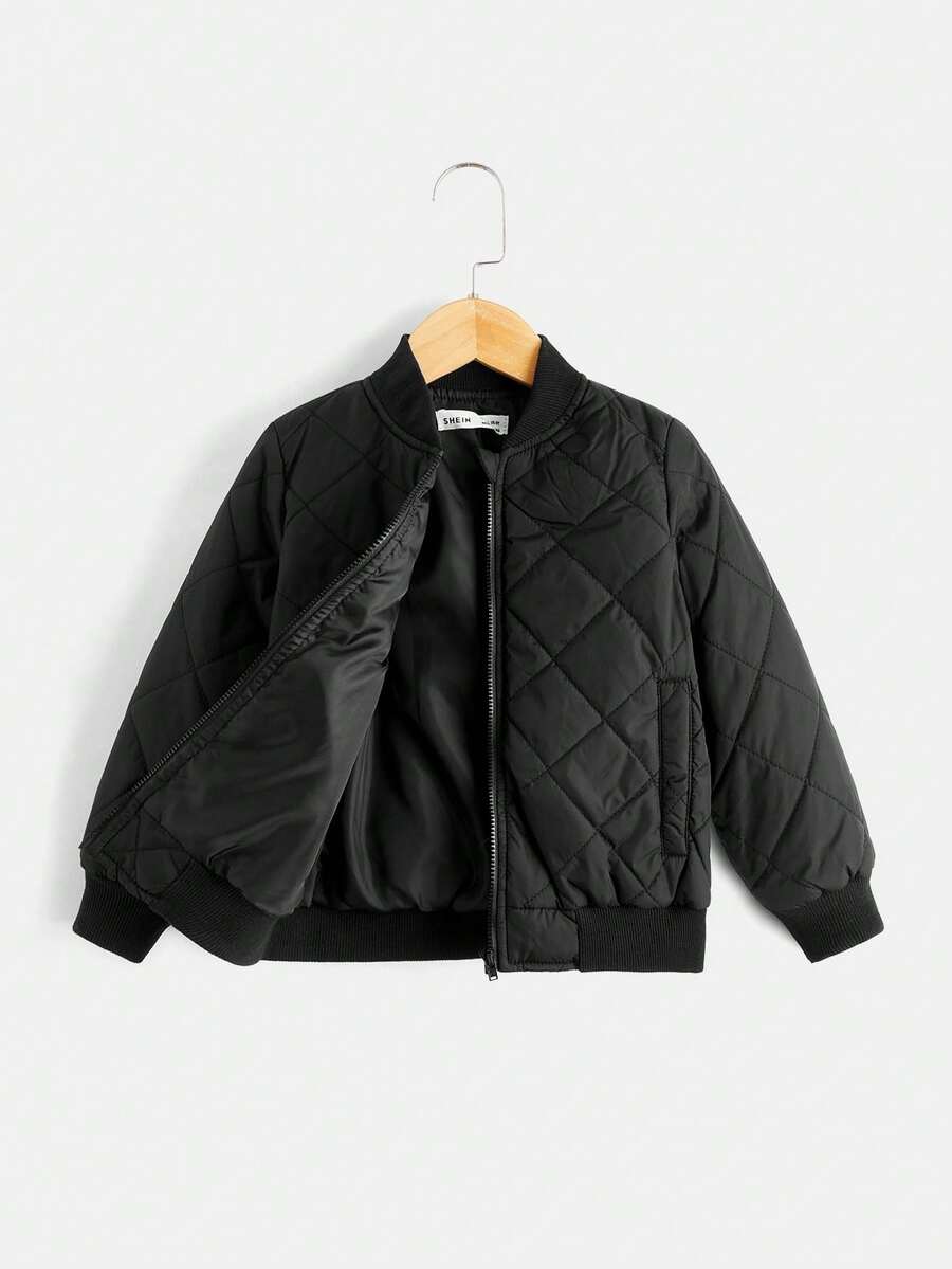 SHEIN Young Boy Zipper Front Quilted Bomber Jacket,In Fall/Winter - Black - View 1
