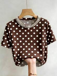 Franclia Elegant Slim Fit Round Neck Beaded Casual Ribbed Short Sleeve Women's T-Shirt - Brown - View 3
