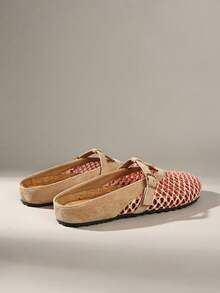 Solecia 女款春夏新款編織墊網面T型裝飾平底鞋，圓頭設計，舒適簡約度假風卡其色女鞋 - 粉杏粉色 - 查看 4