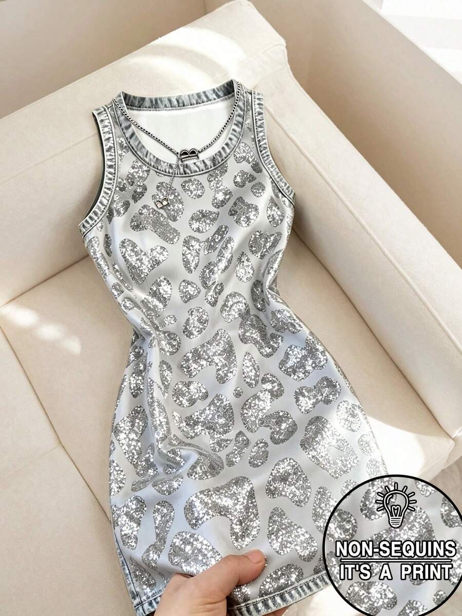 Rovax Women Grey Leopard Print Crew Neck Sleeveless Short Dress Club Going Out Night Out Summer Sexy - Multicolor - View 1