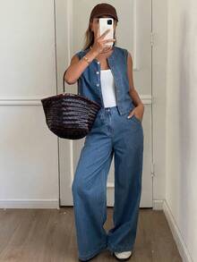 Dazy Tall Setelan Rompi Denim Kasual dan Celana Panjang Lebar untuk Wanita Musim Panas - Medium Wash - View 6