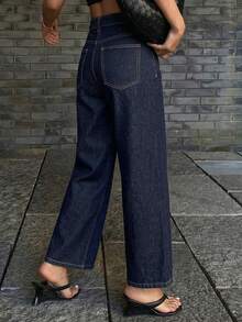 Dazy Tall Celana Jeans Wanita Model Longgar Lurus Panjang Hingga Mata Kaki Gaya Liburan Musim Gugur - Dark Wash - View 3