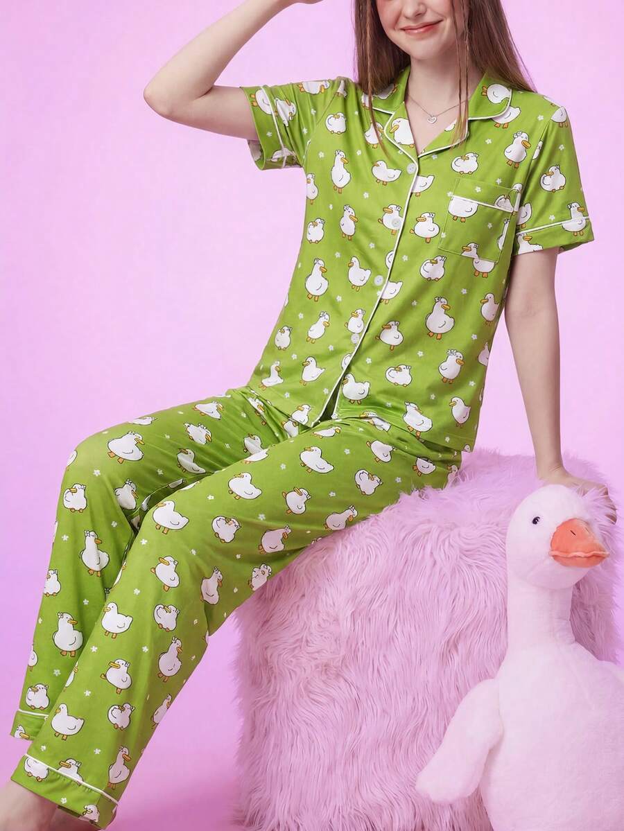 SHEIN Women's Duck Print Button-Front Short Sleeve Long Pants Pajama Set - Multicolor - View 1