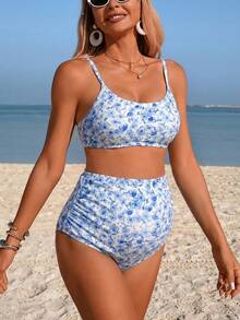 SHEIN 2026SS Spring/Summer Blue Ditsy Floral Ribbed Comfortable Vacation Style Beach Maternity Swimwear Set - Multicolor - View 3