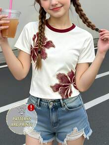 Top corto básico ajustado de estilo casual con estampado floral fresco personalizado para niñas de verano - Multicolor - Ver 3