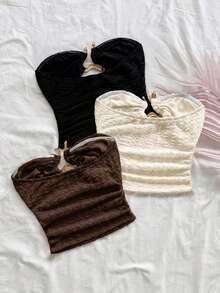 Soleia Women's Cream And Black,Seksi Chic,Night Out Knit Textured Cropped Camisole Top With Hollow Heart Metal Buckle Decor,3-Piece Set,No Chest Padding - Multicolor - View 2