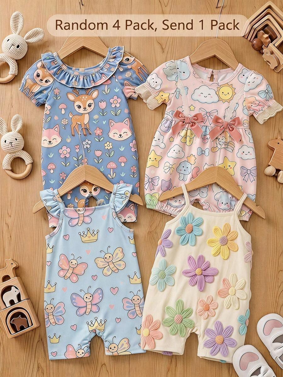 Baby Girl Casual Cartoon Pattern Suspender Romper, Suitable For Spring And Summer - Multicolor - View 1