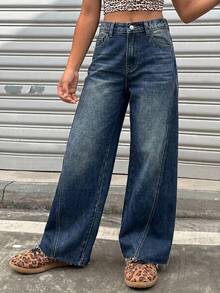 SHEIN 女童藍色拼接牛仔寬鬆長褲 Y2K 秋冬休閒 返校季 萬聖節 新年 - 彩色 - 查看 3
