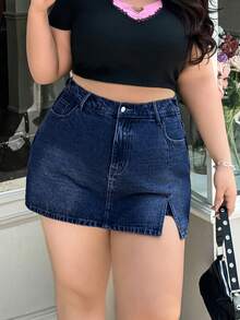 SHEIN ICON 大尺碼女款夏季休閒牛仔裙褲 - 深色水洗藍 - 查看 6