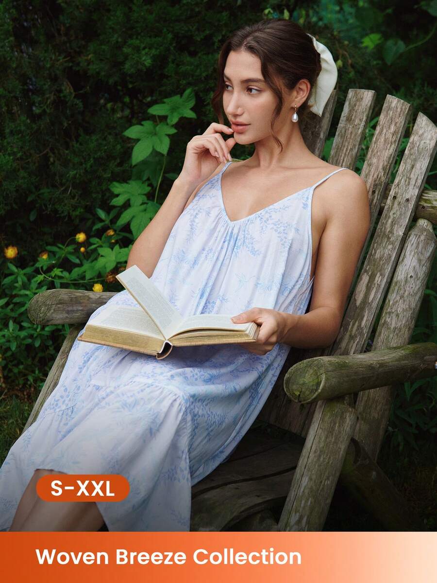 LUVLETTE 女款柔軟藍色人造絲度假風花卉圖案蝴蝶結繩飾細肩帶睡裙,輕盈吊帶裙內衣睡衣 - 藍色 - 查看 1