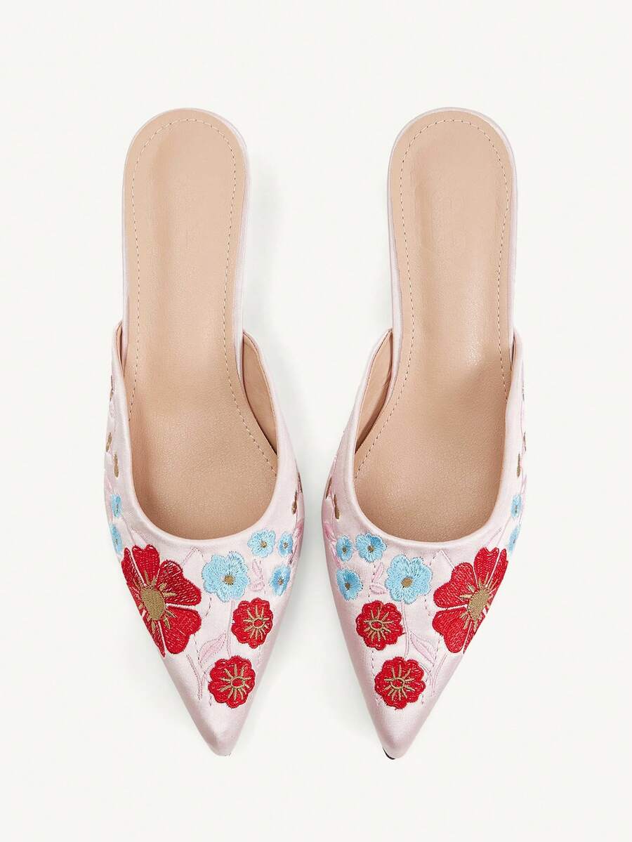 CUCCOO CHICEST New Chinese Embroidery Pointed Tip Thin Heel Medium Heel National Style Satin Pink Mules Shoes Hanfu Wear Festival Fall Shoes - Pink - View 1