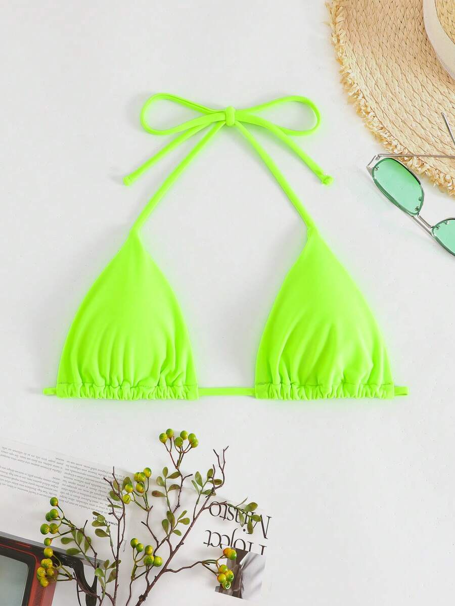 SHEIN Swim Summer Beach Halter Triangle Neon Bikini Top