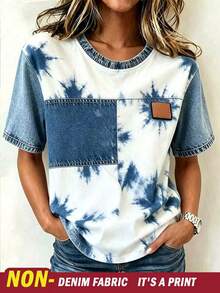 SHEIN Women Fashion Casual Drop Shoulder Round Neck Patchwork Tie-Dye Print T-Shirt,Faux Denim,Comfortable All Season Summer,Streetwear,City Break T-Shirt - White - View 3