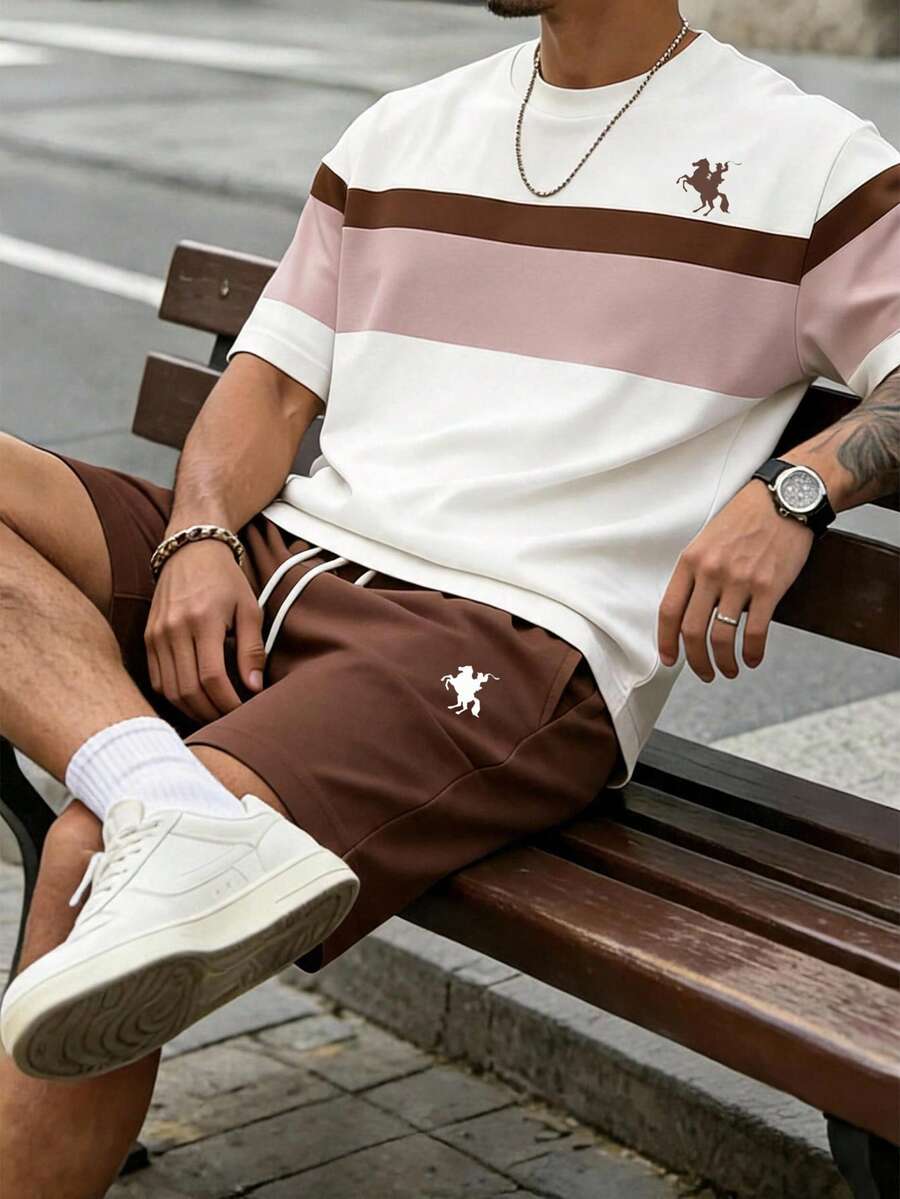 Sorvial Men's Minimalist Striped Print T-Shirt And Shorts Set