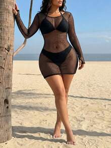 SHEIN Swim 2026新款性感浪漫長袖鏤空貼身洋裝，高彈力針織大尺碼罩衫 - 黑色 - 查看 3