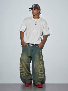Mens White Letter Graphic Oversized T-Shirt Drop Shoulder Vintage Casual Streetwear Summer Tee - White - View 4