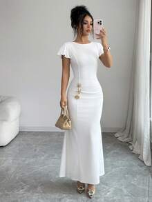 SHEIN Elenzya 女士纯色金属扣装饰连衣裙 - 白色 - 查看 6
