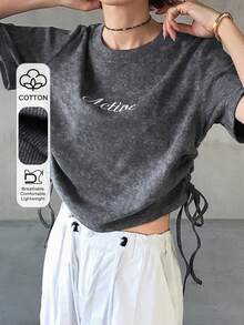FRIFUL Summer Solid Color Drawstring Tie Bow Dark Grey Textured Fabric Letter Print Casual Streetwear Versatile T-Shirt Going Out Weekend Everyday Night Out - Dark Grey - View 3
