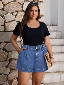 EMERY ROSE Plus Size Women's Pleated Pocket Casual Casual Formal Denim Shorts Carribean Navy Blue Summer - Medium Wash - View 5