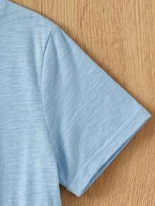 SHEIN EZwear 女款大尺碼圓領拼接A字版型純色棉質娃娃風T恤 - 淺藍色 - 查看 5