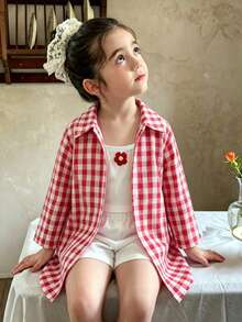 Young Girl Plaid Long Sleeve Single-Breasted Shirt, 3D Floral Decor Camisole And Shorts Casual Set - Red - View 2
