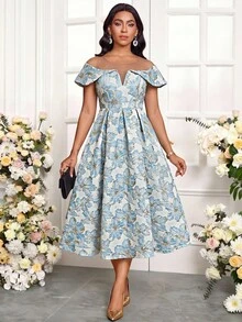 SHEIN Lady Women's Floral Jacquard Contrast Mesh Elegant Dress - Blue - View 3