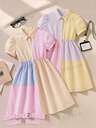 Genkimix Kids Girls' Blue Striped Collar Short Sleeve Waist-Cinching Embroidered Pattern Dress And Blue Striped Collar Waist-Cinching Shirt Dress