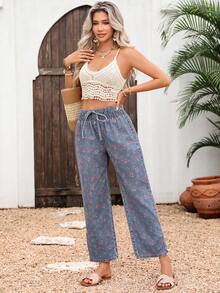 Breezaya Damen Jeans mit Blumenmuster, Taillenband und geradem Bein - Dunkle Waschung - Übersicht 3