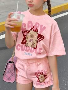 奶油粉色可愛水豚圖案少女休閒簡約圓領短袖T恤與短褲兩件套，適合日常、外出、度假、校園、返校日、放鬆時光，甜美少女風 - 彩色 - 查看 3