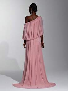 Elitara Elegant Dusty Pink Stretch Mesh Bridesmaid Dress Hand-Pleated Asymmetrical Neckline Tulip Design Pleated A-Line Formal Wedding Evening Party - Pink - View 5