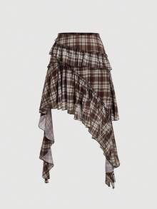 SHEIN MOD Plus Size Brown Plaid Asymmetric Ruffle Design Skirt, Vintage Preppy Style, Casual Outing Outfit, Retro Daily Wear - Brown - View 4