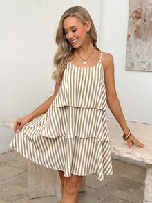 Easowa Multi-Layer Ruffle Hem A-Line Spaghetti Strap Dress With Yarn-Dyed Blue And White Striped Pattern Beach Summer Boho - Multicolor - View 6