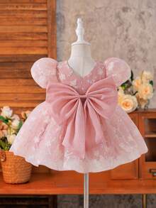 SHEIN Glamorique Kids 女嬰生日派對、婚禮節日舞會禮服裙，後背大蝴蝶結，薄紗3D花朵公主裙，中東、歐美風格，四季皆宜 - 藕粉色 - 查看 2