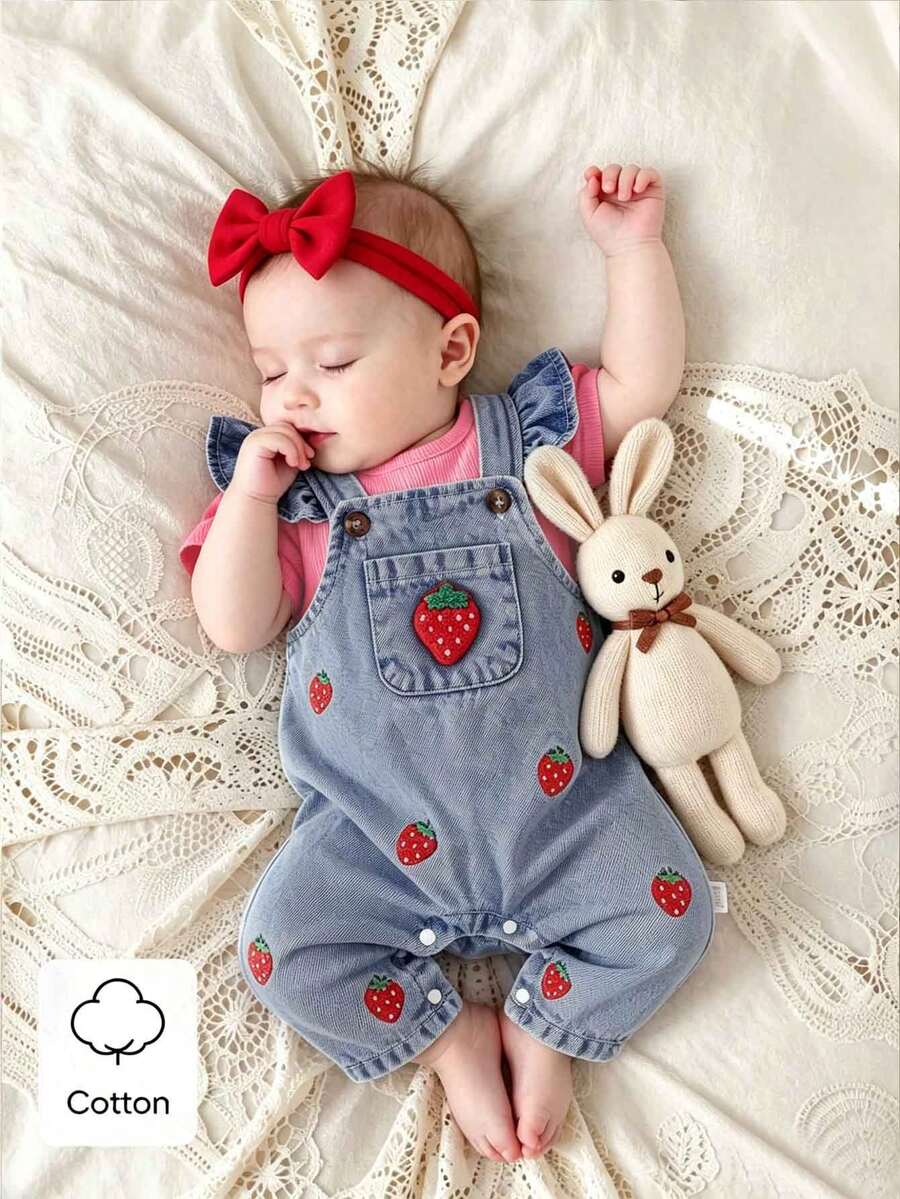 SHEIN 2件組女嬰可愛草莓刺繡圍兜褲 柔軟棉質 藍色 夏季親子套裝