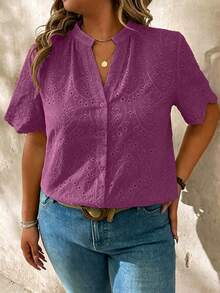 SHEIN LUNE CURVE 大尺碼短袖刺繡鏤空布料襯衫 - 紫色 - 查看 5