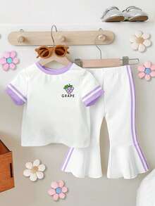 Conjunto casual y cómodo de 2 piezas para niñas, selección aleatoria 4 en 1: 4 estilos de estampado de dibujos animados con frutas, conejo, cereza, lazo/letra/cereza, top de cuello redondo y manga corta + pantalones largos acampanados ajustados de color púrpura, tela transpirable y amigable con la piel, adecuado para primavera/verano, uso diario, salidas, hogar, fiestas, versátil - Multicolor - Ver 3