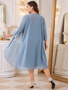 Reflora Plus Size Elegant Party Evening Wedding Guest Rhinestone Decor Solid Color Jacket Dress Dusty Blue Autumn - Blue - View 2